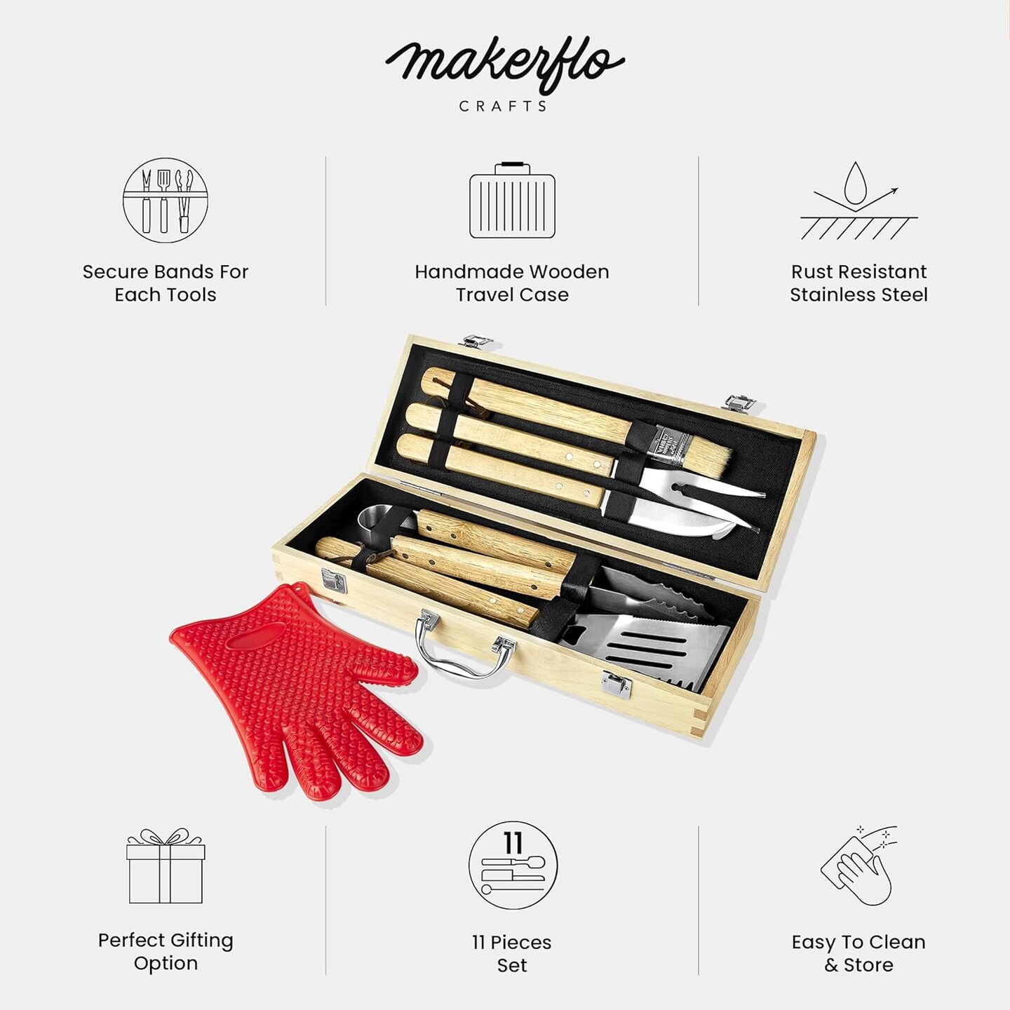 Makerflo 11 Pcs BBQ Grill Accessories Set Barbecue Maple Wood Toolbox Stainless Steel Grill Utensils | Camping Grilling Rust Free Kit Ideal for Craft- Laser Engraving Epoxy, UV DTF, Vinyl - Case of 6