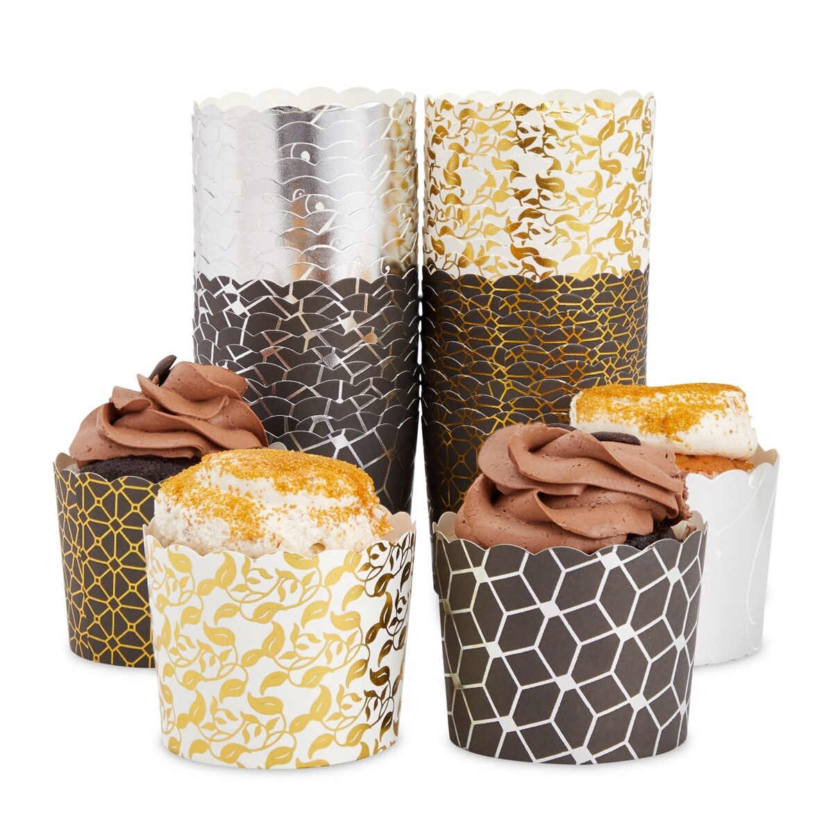 50 Pack Cupcake Liners Wrappers Muffin Paper Baking Cup for Birthday Party Gold and Silver Color