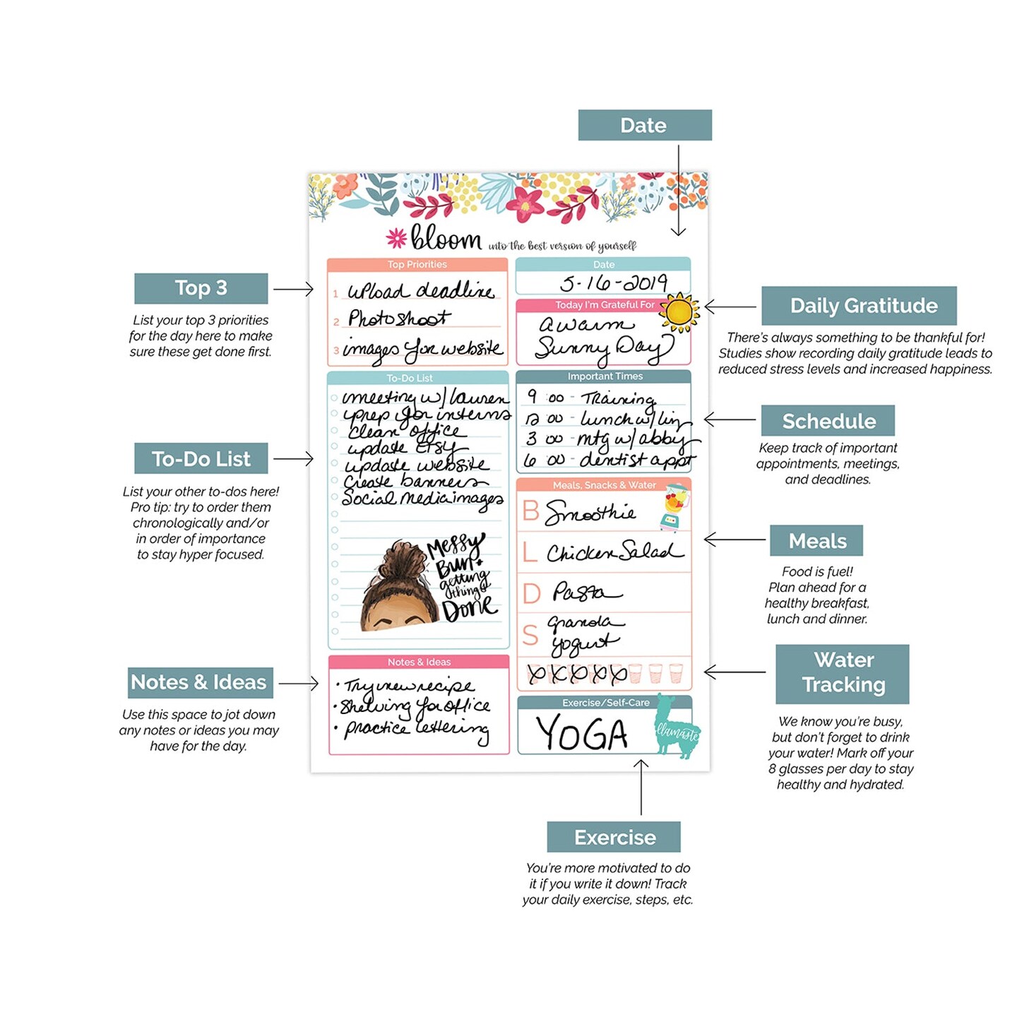 bloom daily planners Planning Pad, 6&#x22; x 9&#x22;, Daily Planning System, Floral Dots