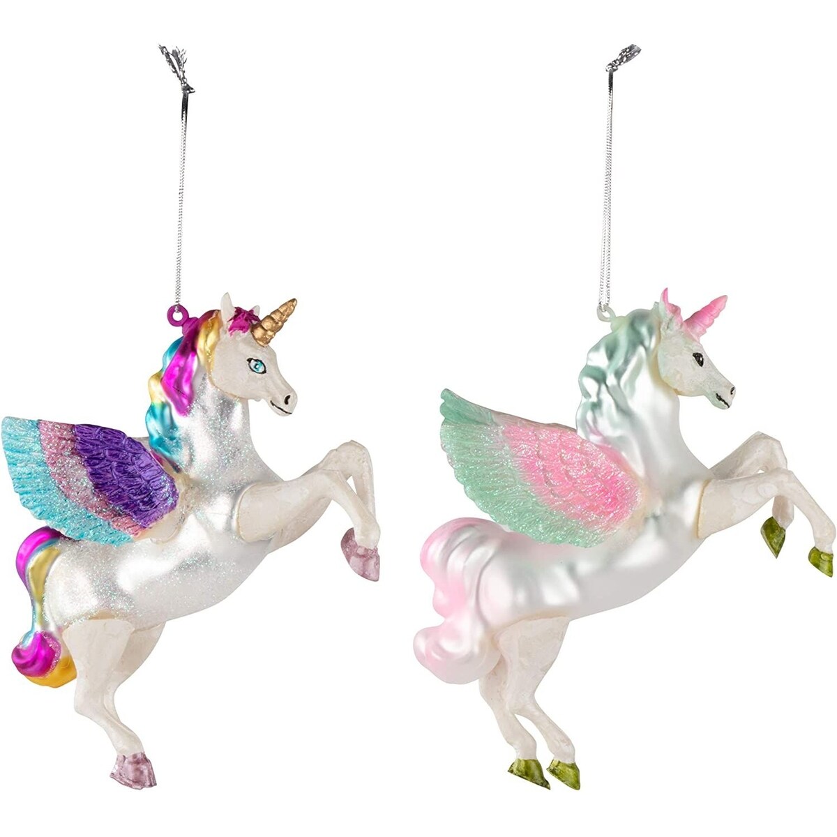 2 Pack Glass Rainbow Unicorn Christmas Tree Ornaments, Holiday