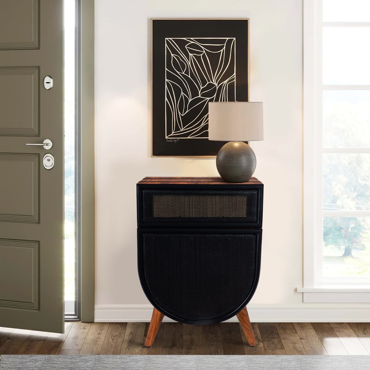 Saltoro Sherpi 24 Inch Acacia Wood Accent Cabinet Chest with 1 Mesh Drawer and 1 Door, Brown and Black-
