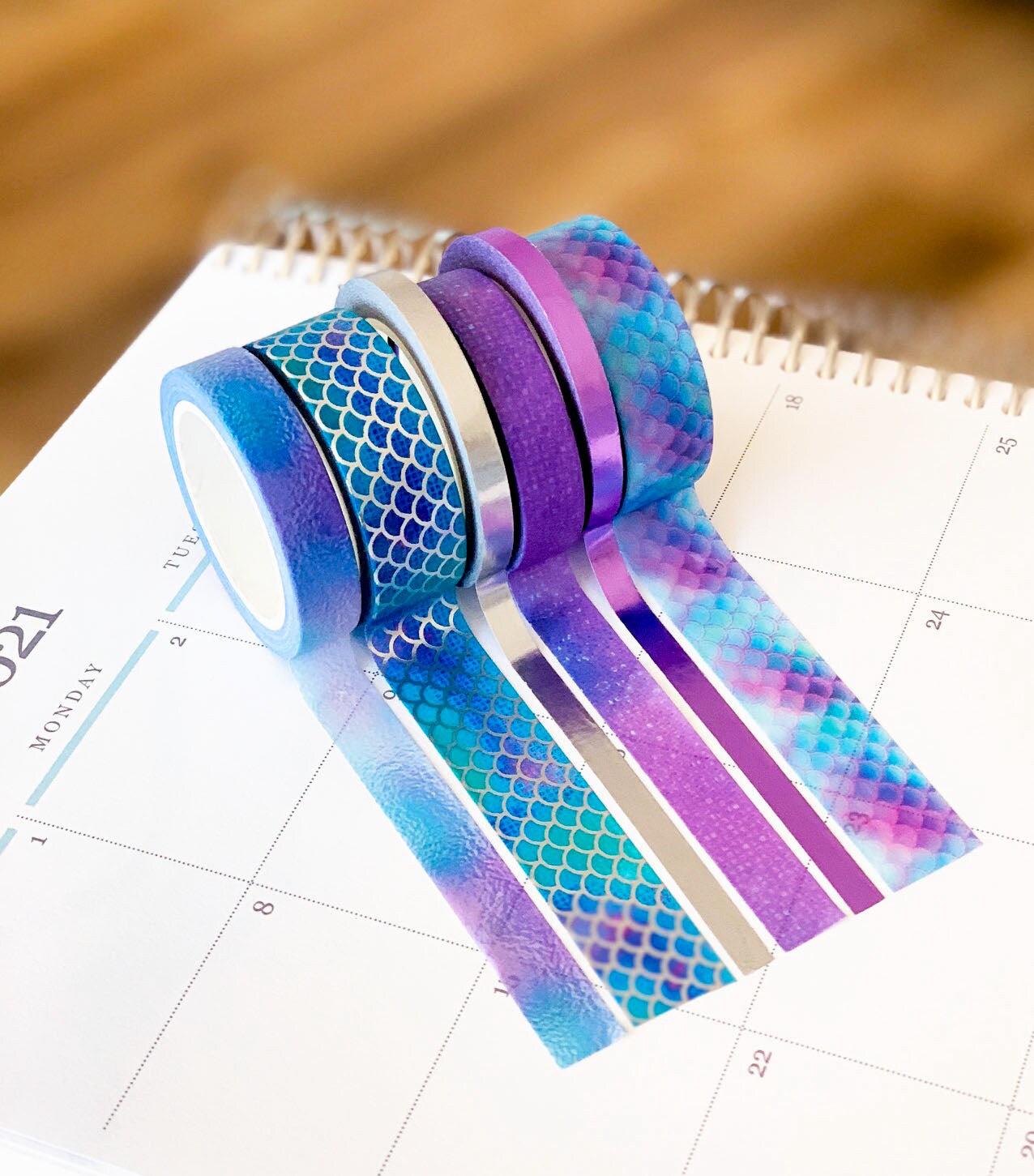 FOILED Mermaid Purple Blue &#x26; Silver Ocean Washi Tape Set (#W010)