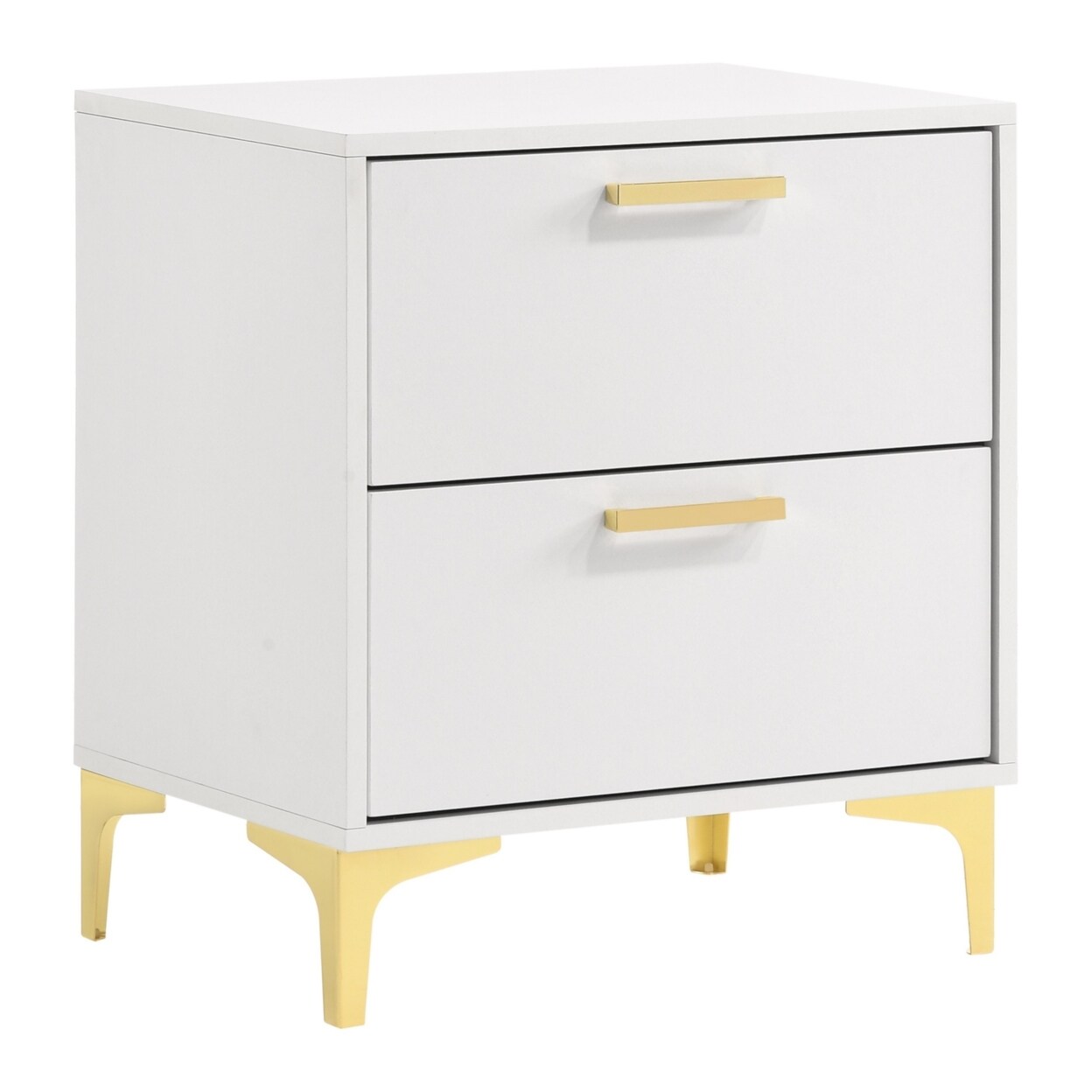 Saltoro Sherpi Lif 25 Inch Modern 2 Drawer Nightstand, Gold Metal Accents, Pure White-