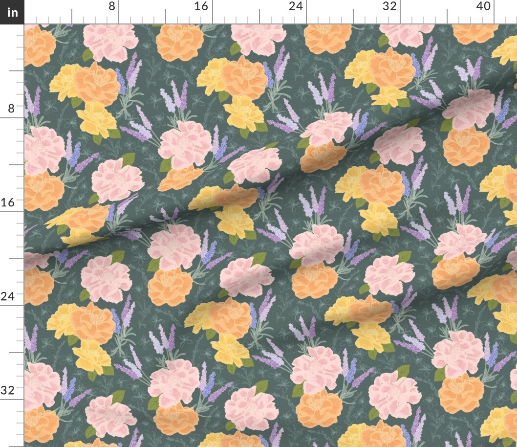 Summer Flowers Floral Botanical Lavender Spring Pastels Cottagecore Green Pink Orange Blooms Custom Printed Fabric by Spoonflower Various Fabrics by the Yard or Fat Quarter