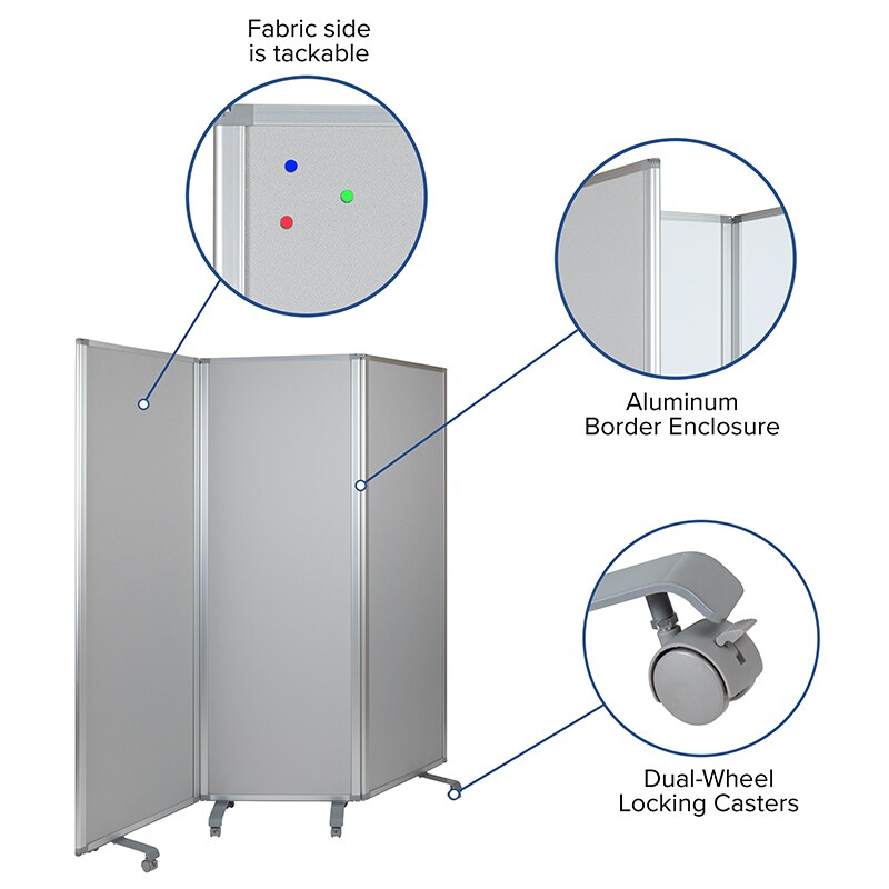 Flash Furniture Double Sided Mobile Magnetic Whiteboard, Cloth Partition with Lockable Casters, 72&#x22;H x 24&#x22;W (3 sections included)