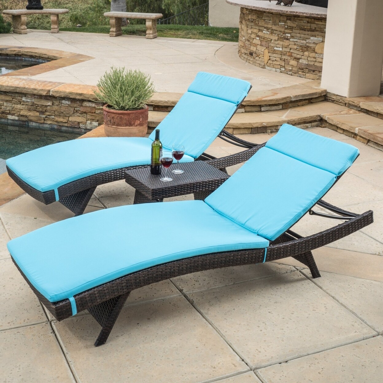 GDF Studio Lakeport Outdoor 3pc Adjustable Blue Chaise Lounge Chair Set