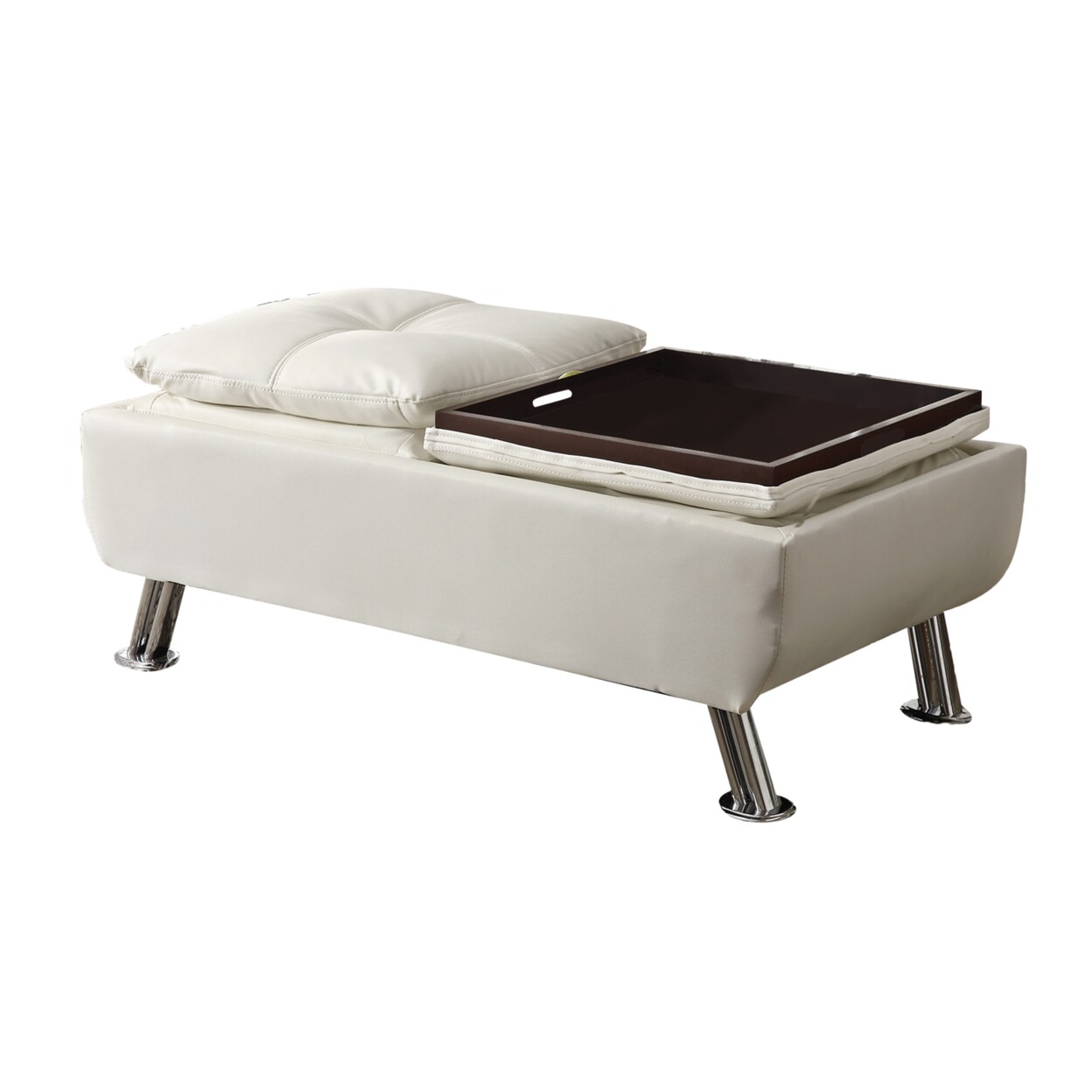 Coaster Faux Leather Ottoman with Reversible Tray Tops, White- Saltoro Sherpi