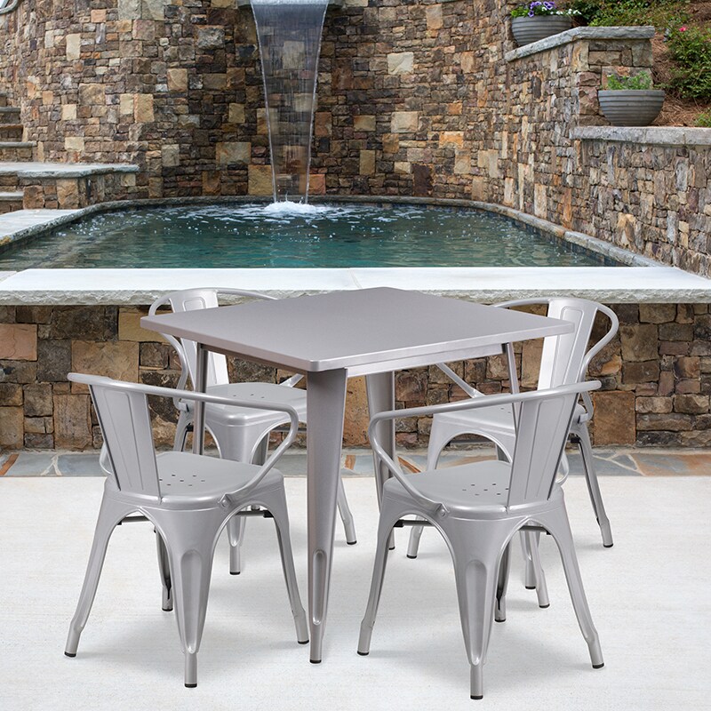 Flash Furniture Commercial Grade 31.5" Square Silver Metal Indoor-Outdoor Table Set with 4 Arm Chairs