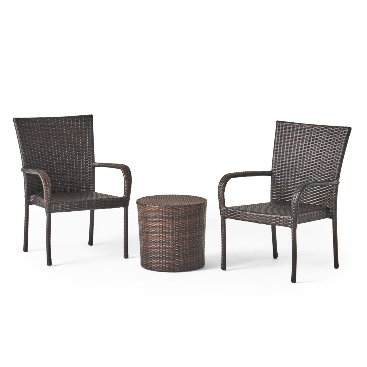 GDF Studio Charleston Outdoors Brown Wicker 3 Piece Stacking Chair Chat Set