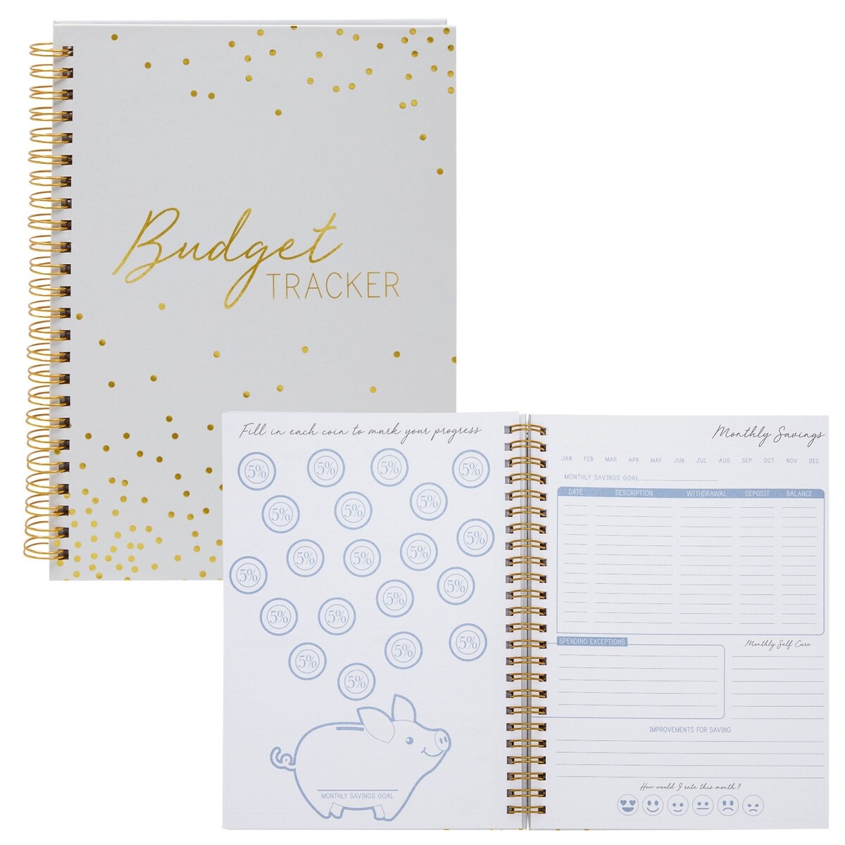 Budget Tracker Notebook, Hardcover Monthly Expense Journal Planner (8.5&#x22; x 6&#x22;, Gold Foil Dots)