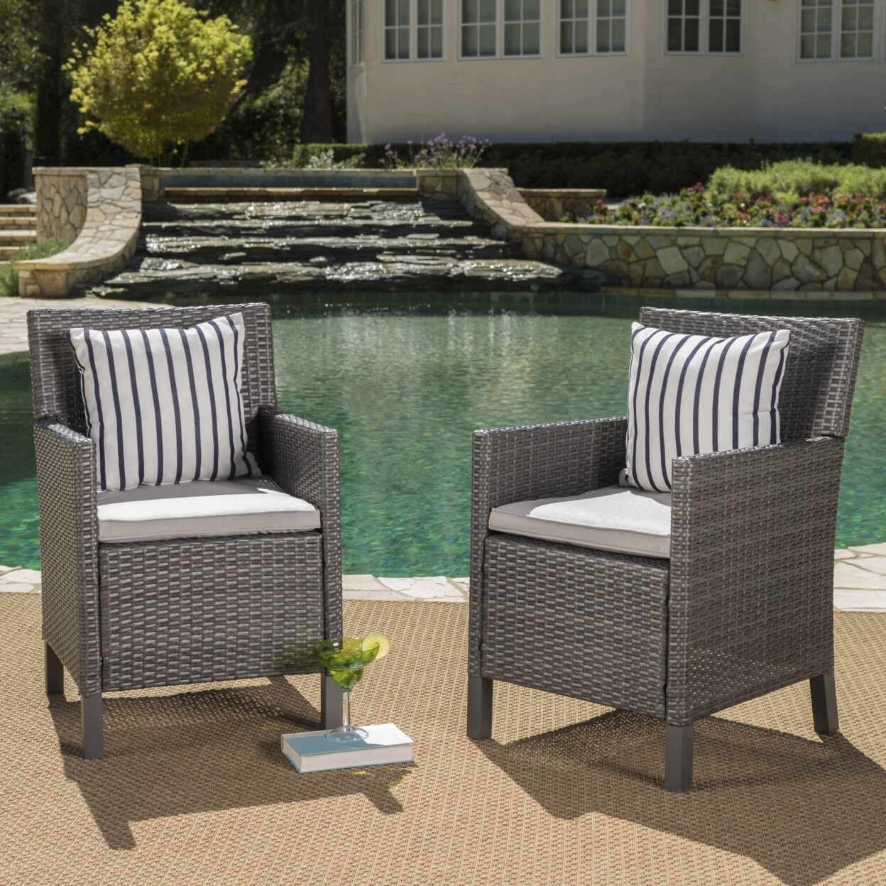GDFStudio Cyrus Outdoor Wicker Dining Chairs with Water Resistant Cushions (Set of 2)