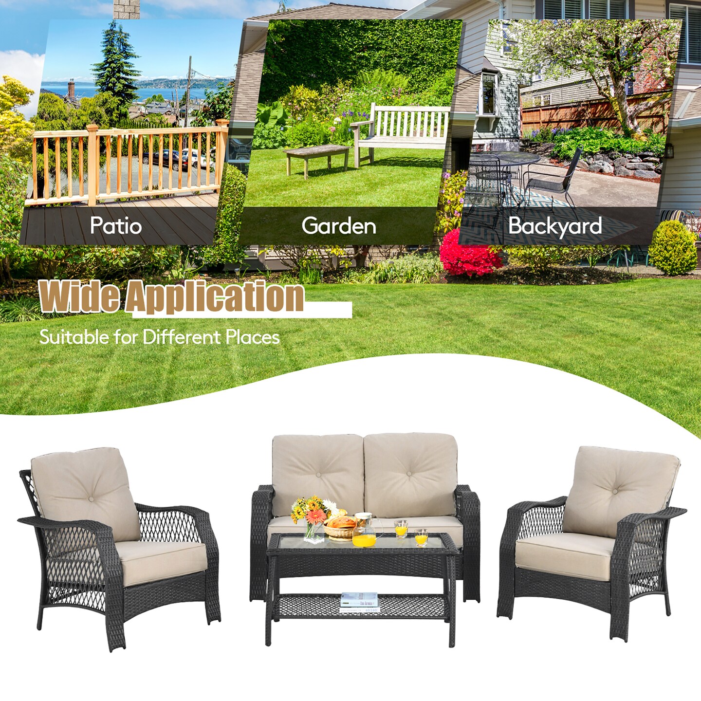 Costway 4PCS Patio Wicker Furniture Set Loveseat Sofa Coffee Table W/ Cushion