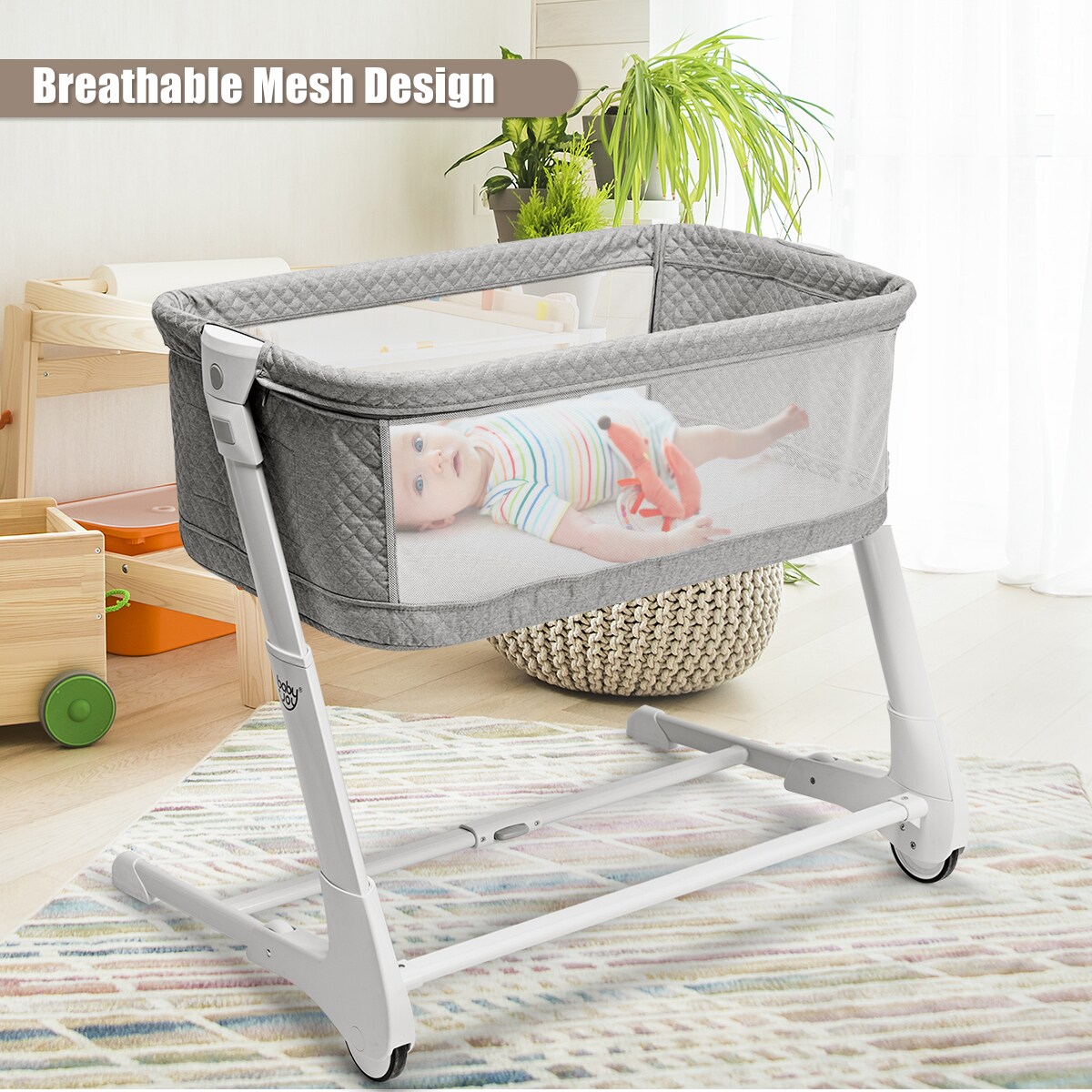 Babyjoy Baby Side Bedside Sleeper Washable Mattress Height Adjustable GreyWhite