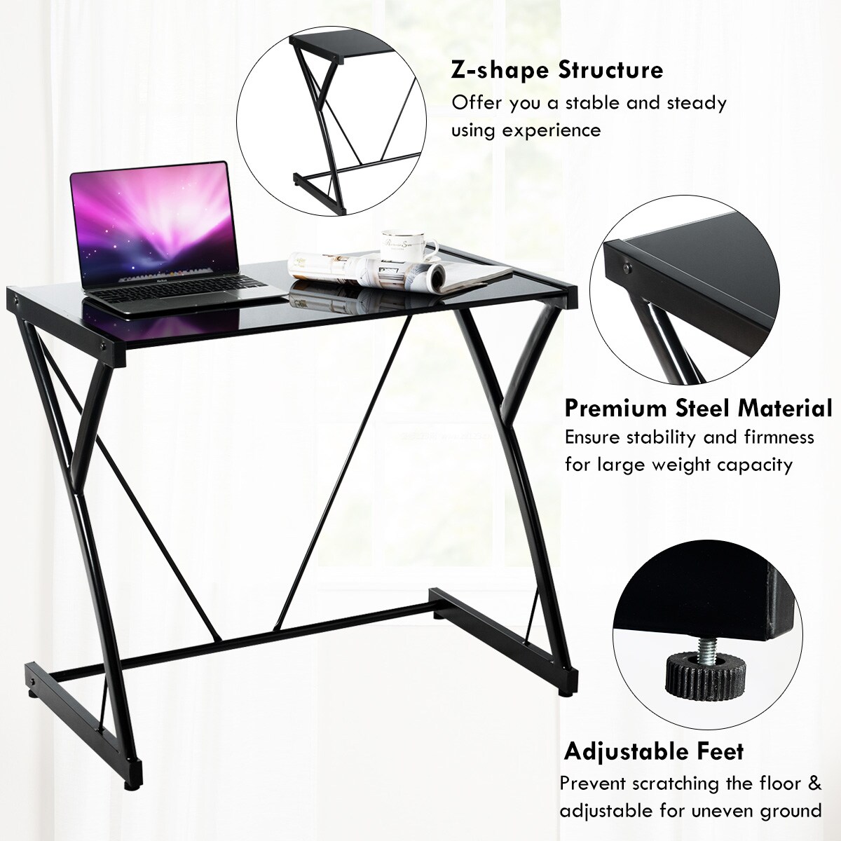 Glass Top Computer Desk Laptop Writing Study Workstation Z-Shaped Metal Frame
