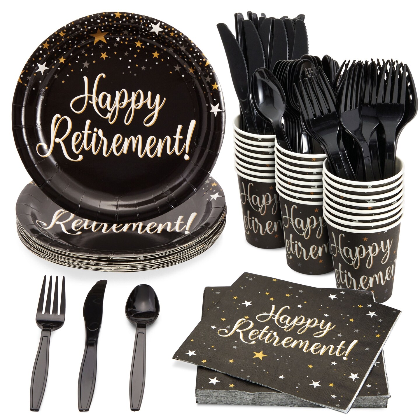 144 Pieces Happy Retirement Decorations for Party Supplies with Disposable Dinnerware Set, Napkins, Paper Plates, Cups, Cutlery (24 Guests)
