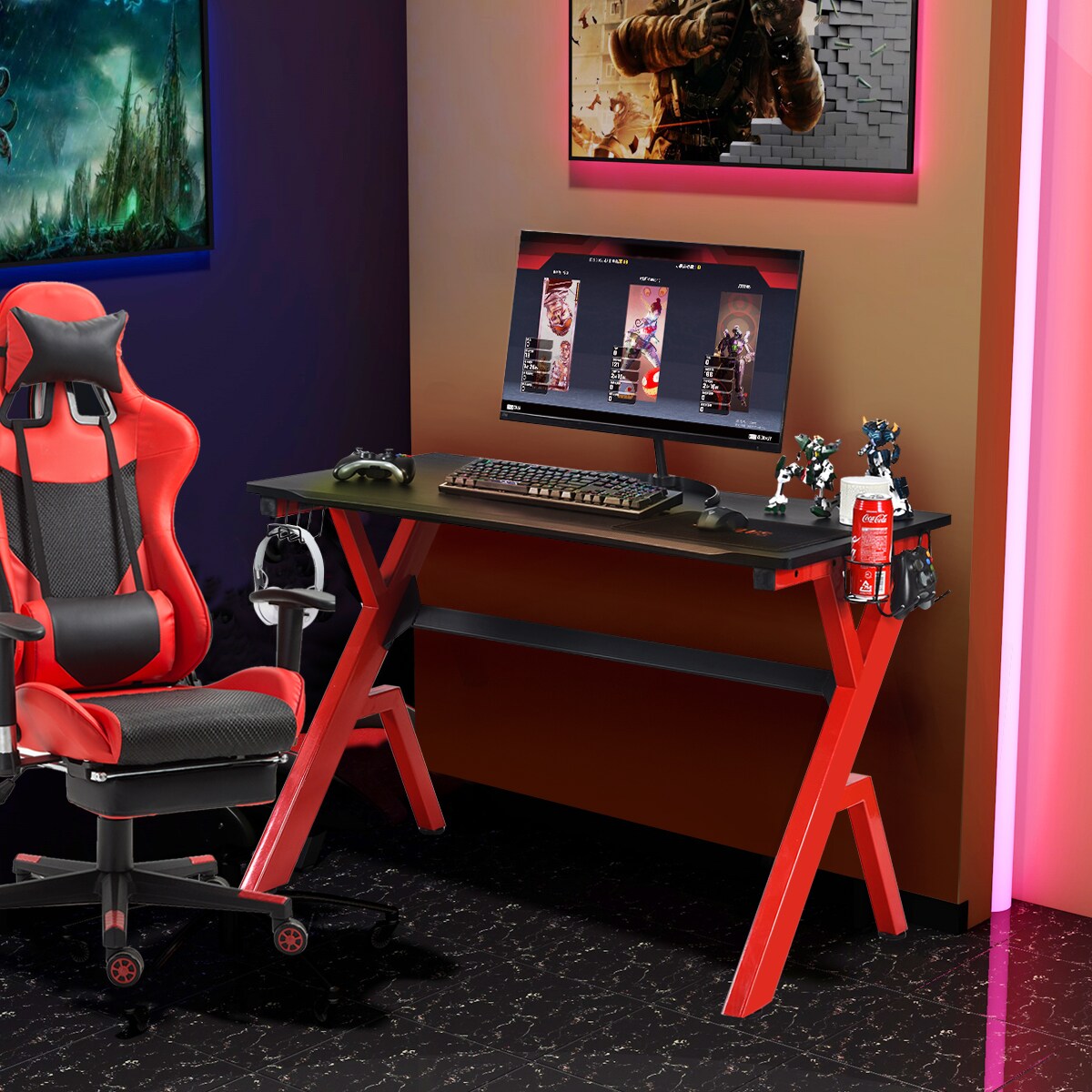 Costway Gaming Desk Computer Desk w/Controller Headphone storage Mouse Pad &#x26; Cup Holder
