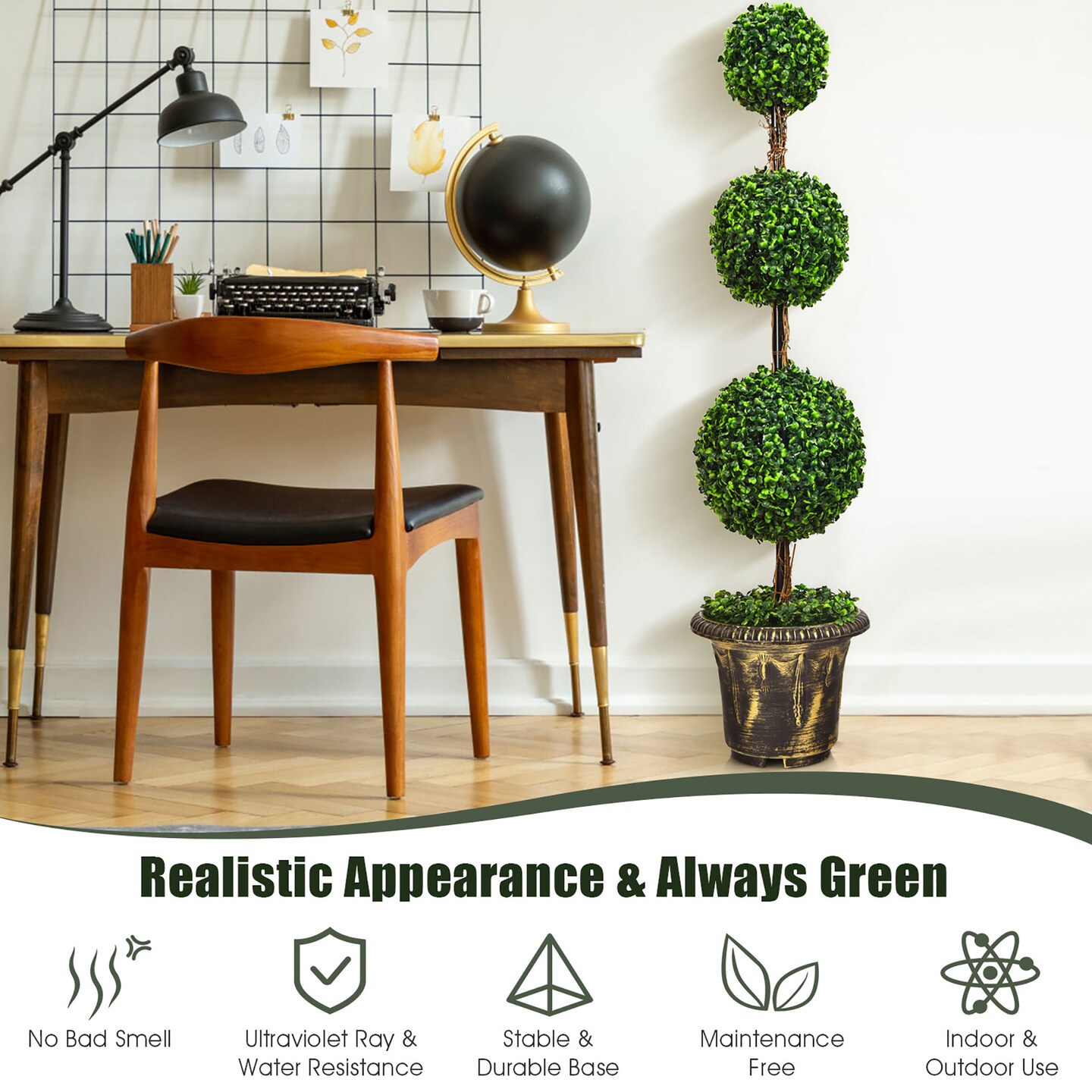 Costway 4&#x27; Artificial Topiary Triple Ball Tree Plant Indoor Outdoor UV Resistant