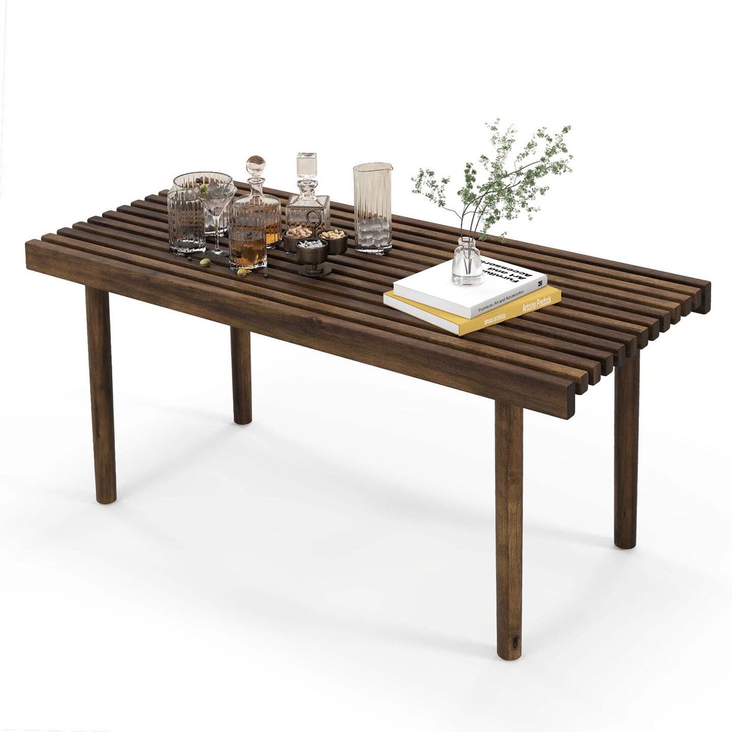 Costway 39&#x22; Coffee Table Rubber Wood Rectangle Cocktail Tea Table Slatted Tabletop Brown