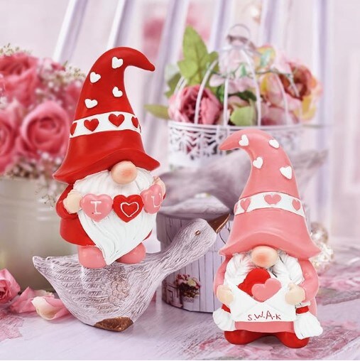 Decorations for Valentine&#x27;s Day Gnomes Resin Valentines Gnomes Gift for Her - Tiered Tray Decor for Valentines Day - Pink Love Valentine Mantle, Table Shelf Display