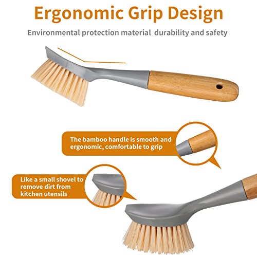 2 Pack Kitchen Dish Brush Bamboo Handle Dish Scrubber Built-in Scraper,  Scrub Brush for Pans, Pots, Kitchen Sink Cleaning, Dishwashing and Cleaning