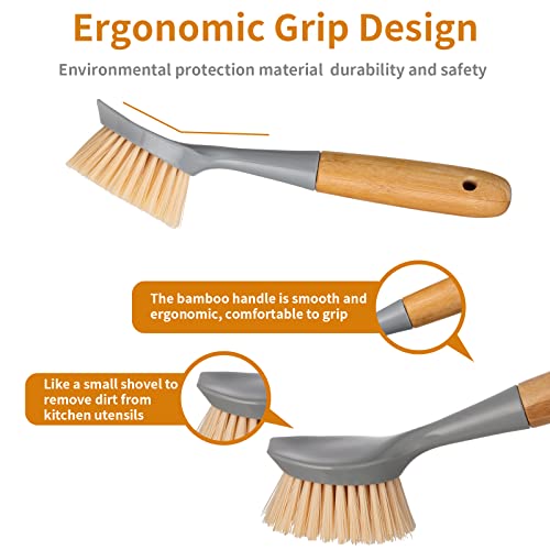 2 Pack Kitchen Dish Brush Bamboo Handle Dish Scrubber Built-in Scraper, Scrub Brush for Pans, Pots, Kitchen Sink Cleaning, Dishwashing and Cleaning Brushes are Perfect Cleaning Tools, Color-Gray