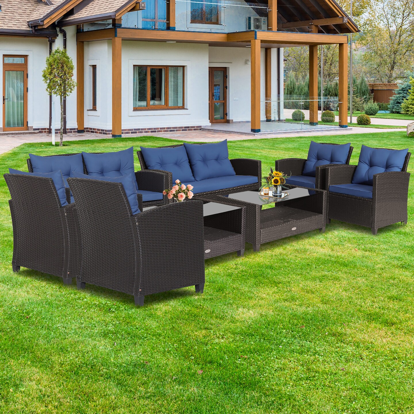 Costway 8 PCS Patio Rattan Furniture Set Glass Table Shelf Sofa Cushion