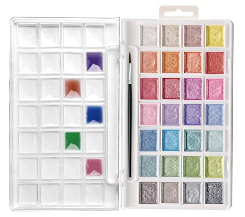 Watercolor Paint Set, 28 Glitter Metallic Colors, Semi-Moist Pearlescent Water color, Idea for Beginners and Artists