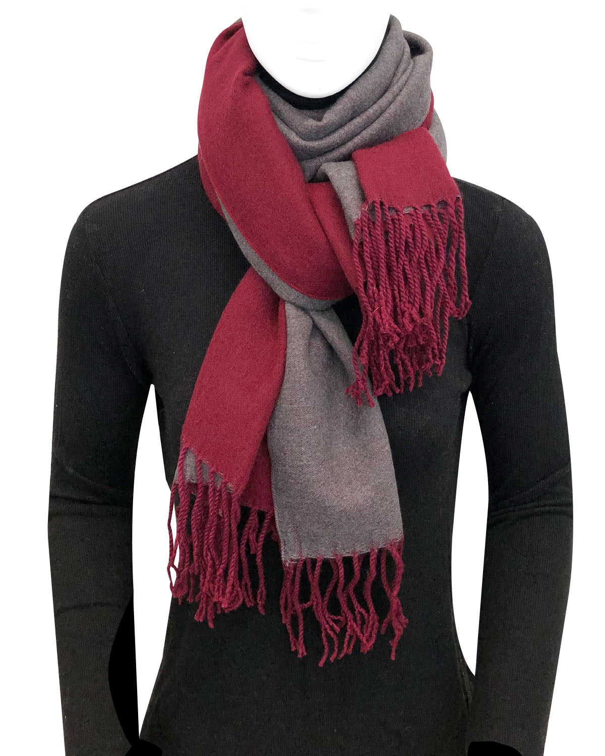 Wrapables Soft Cashmere Feeling Wool Blend Scarf, Large Two-Tone Winter Scarf Wrap Shawl, Wine / Gray