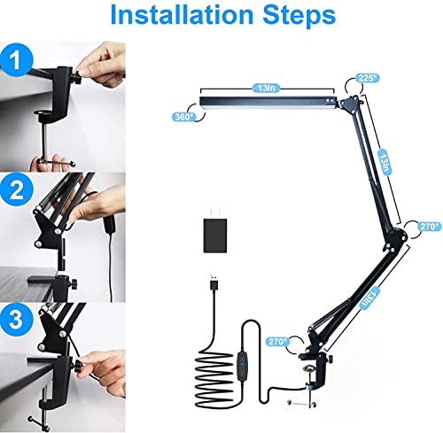 LED Desk Lamp for Home,Office,Reading,Adjustable Eye-Caring Desk Light with Clamp,Swing Arm Lamp Includes 3 Color Modes,10 Brightness Levels Table Lamps with Memory Function(Black)