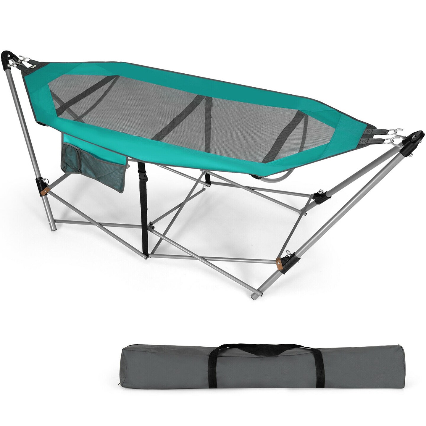 Outdoor Folding Hammock Bed with Breathable Fabric Metal Frame and Side Pocket Storage