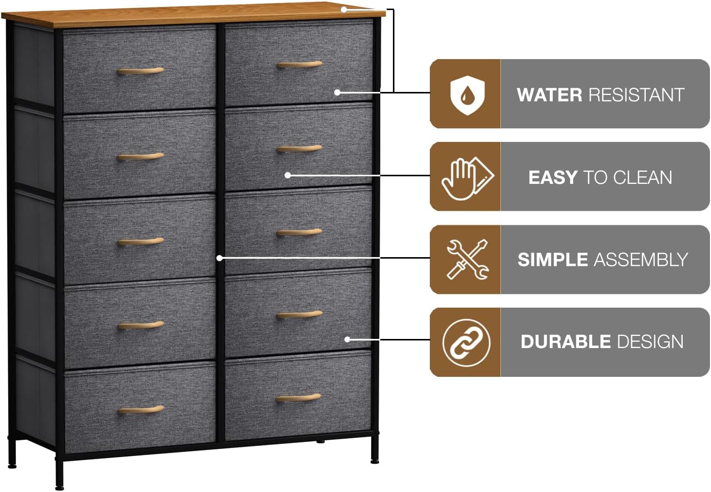 Sorbus Dresser with 10 Drawers - Storage Unit Organizer Chest for Clothes - Bedroom, Room, Nursery, & Closet - Steel Frame, Wood Top & Handles, and Easy Pull Fabric Bins