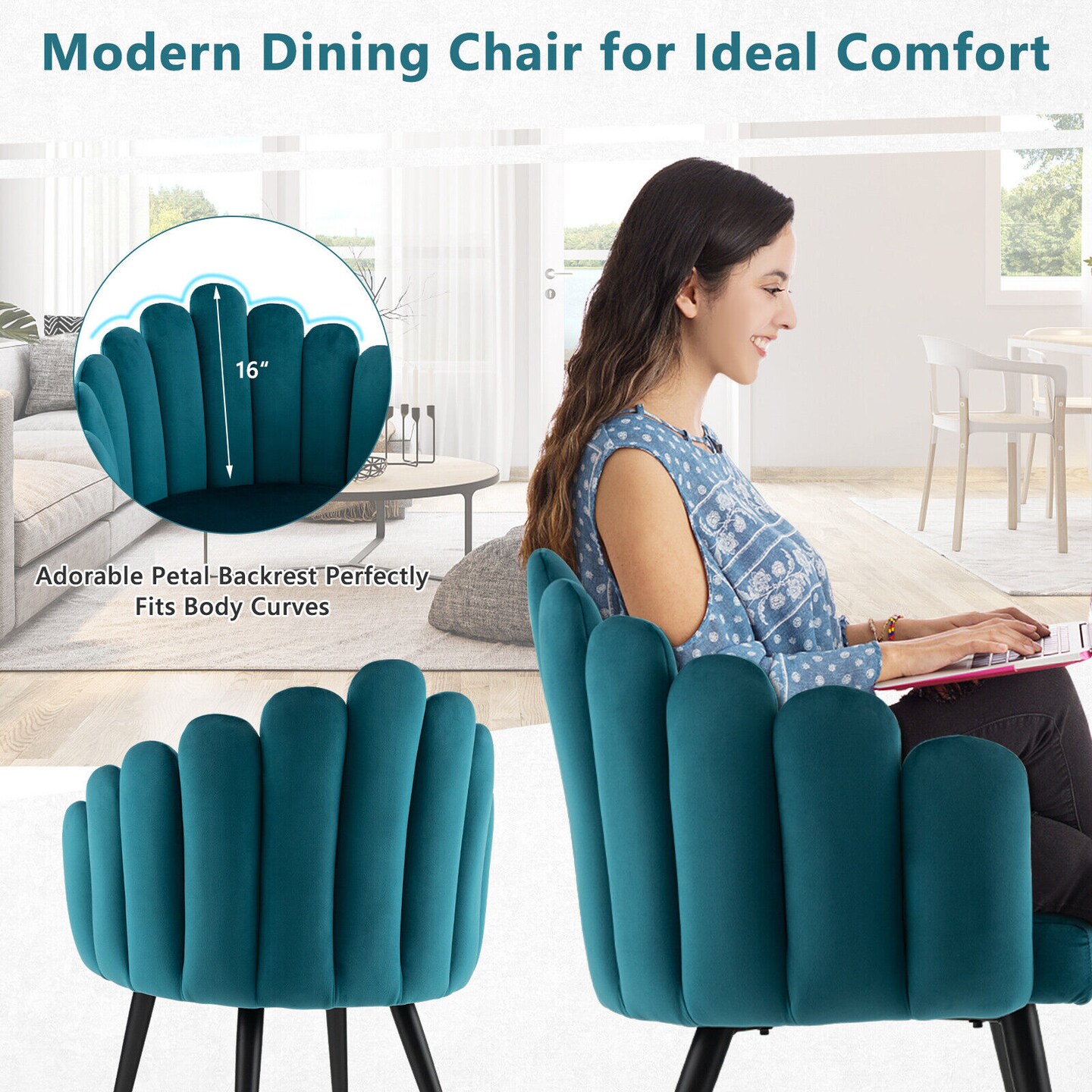 Modern Velvet Dining Chair with Metal Base and Petal Backrest