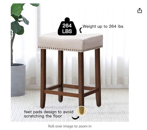 24-inch Height Backless Saddle Stools with Brass Nailhead Trim, Thick Cushion, Solid Wood Legs, Modern Bar Stools for Kitchen Island Bistro, Beige