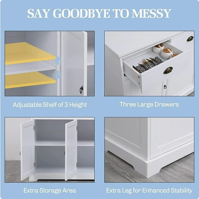 Buffet Cabinet with 3 Drawers and 3 Cabinets for Kitchen, Dining Room, and Living Room, White