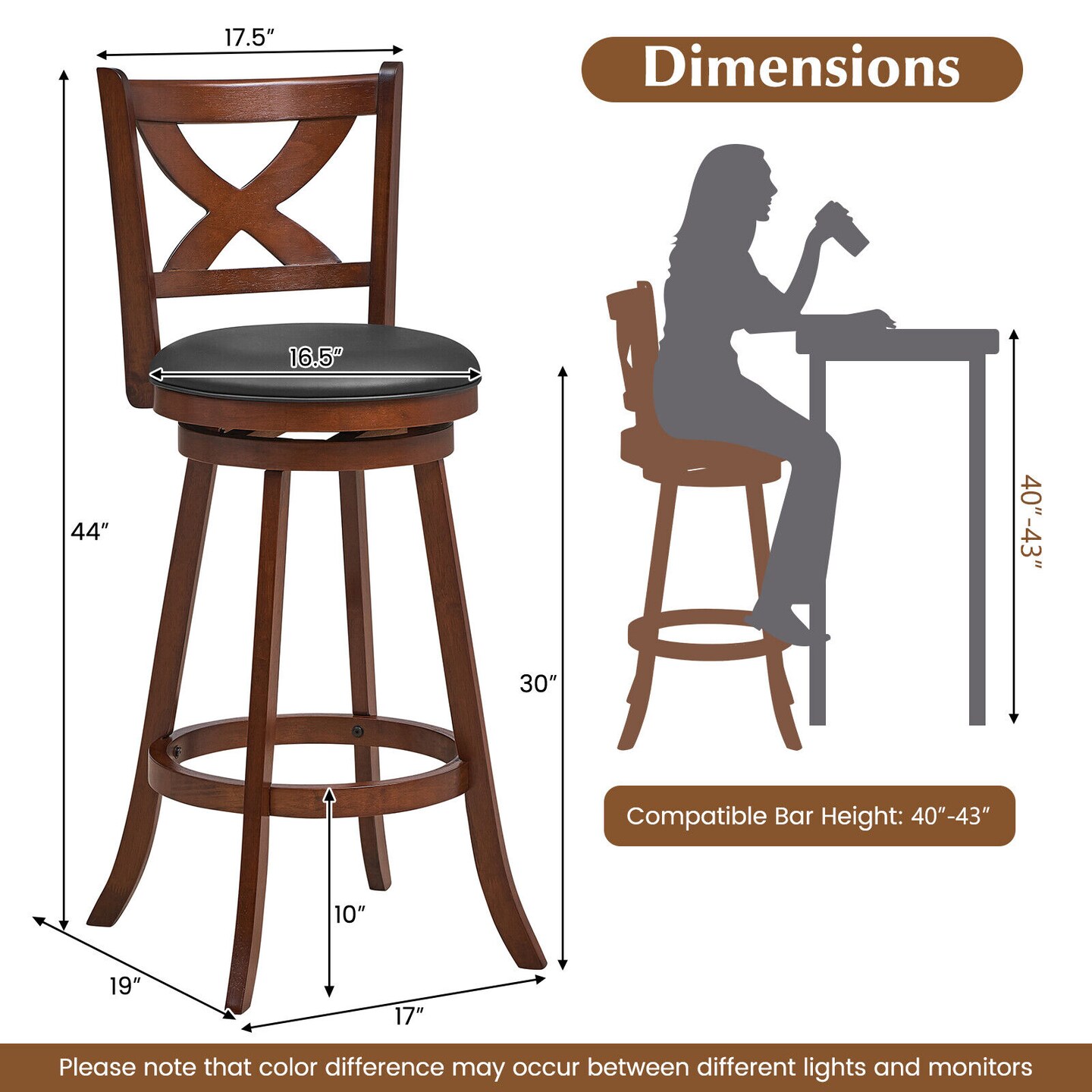 2 Pieces Classic Swivel Bar Stool Set with X-shaped Open Back