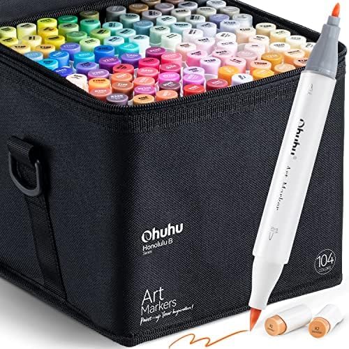 Ohuhu Alcohol Markers Brush Tip- 104-color Double Tipped Alcohol