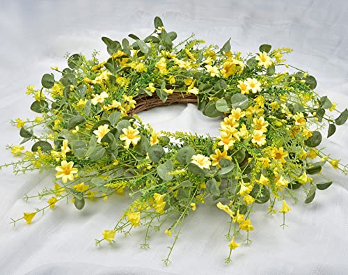 24 inches Artificial Daisy Wreath - Eucalyptus Wreath with Yellow Flower Wreath Spring Summer Wreath for Front Door Wall Decor