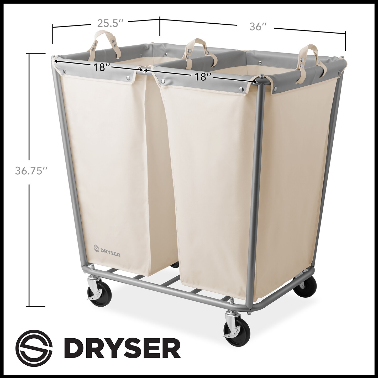 Dryser Commercial Heavy-Duty Rolling Laundry Hamper, Steel Frame Cart on Wheels with Removable Canvas Bin for Hotel or Home