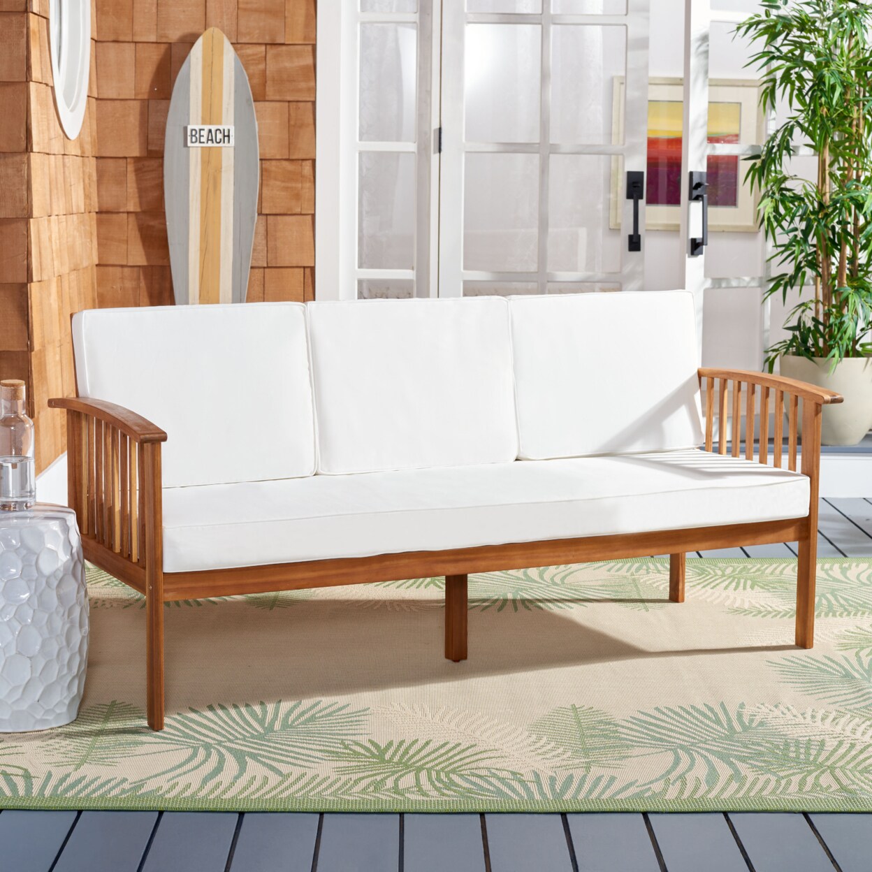 Safavieh   Outdoor Collection Finnick Outdoor Bench Natural/Beige Cushion