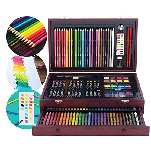 142 Pieces Doodle and Color Art Set in a Wood Carrying Case, Includes 24 Premium Colored Pencils, A variety of coloring and painting mediums: crayons, oil pastels, watercolors; Portable Art Studio