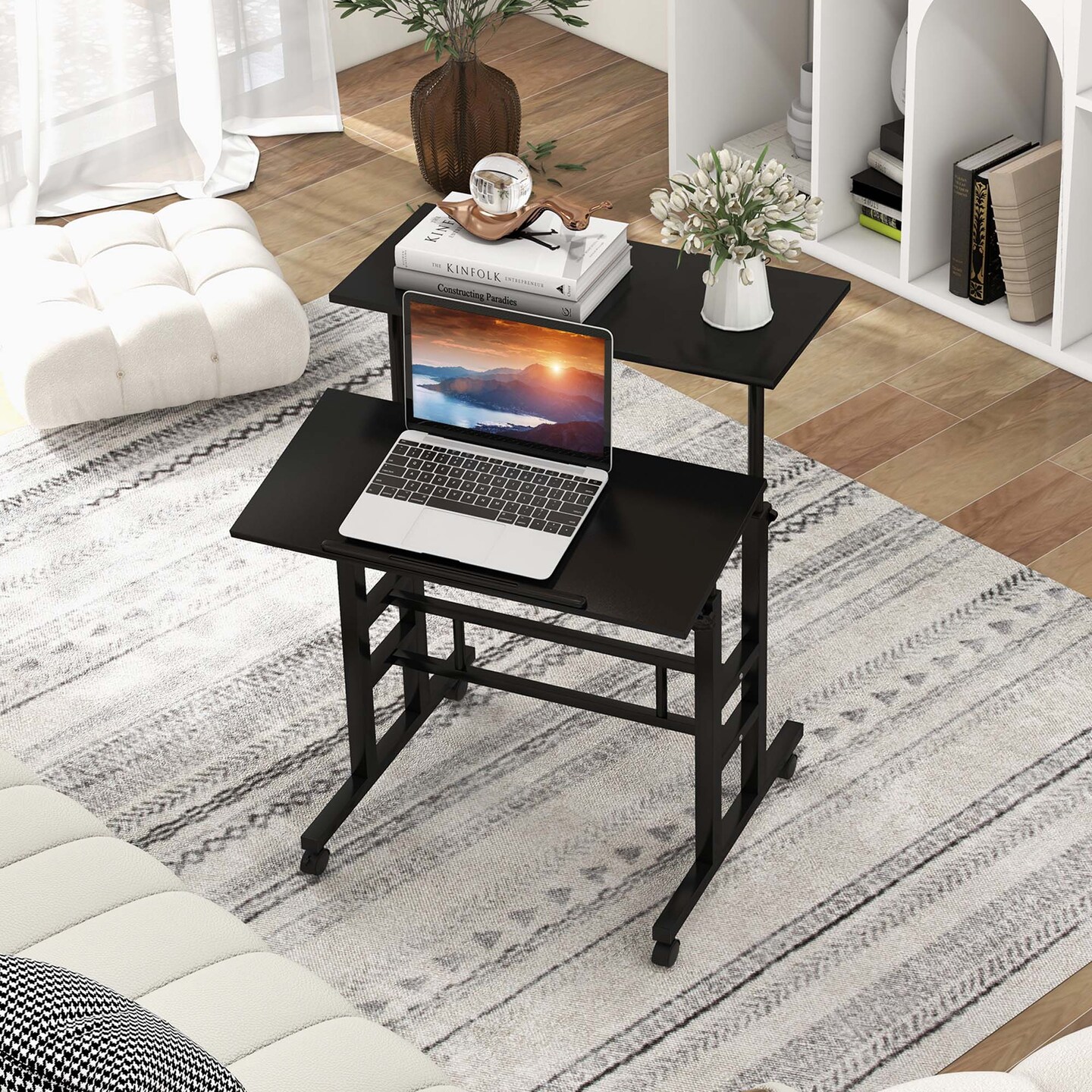 Costway Mobile Standing Desk Rolling Adjustable Laptop Cart Home Office Walnut\Natural
