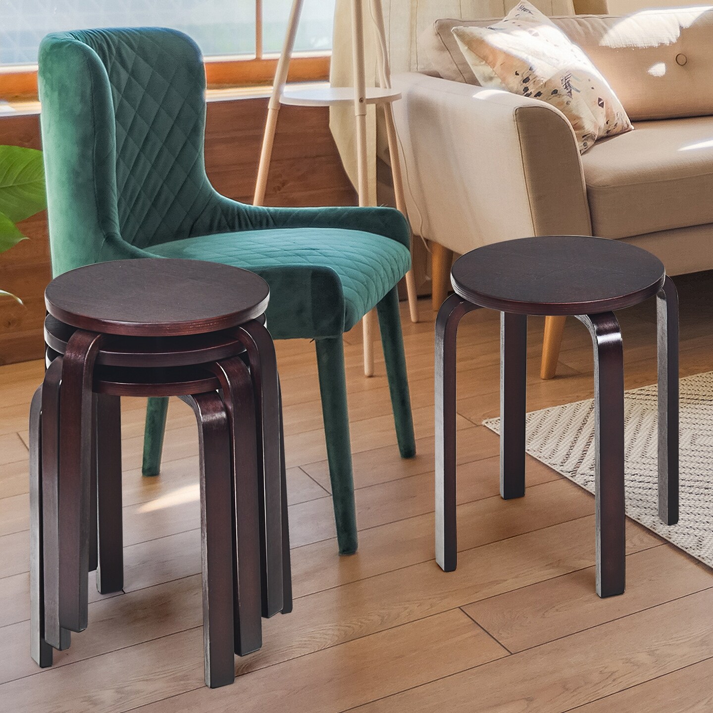 Set of 4 Wood Home Backless Dining Chairs