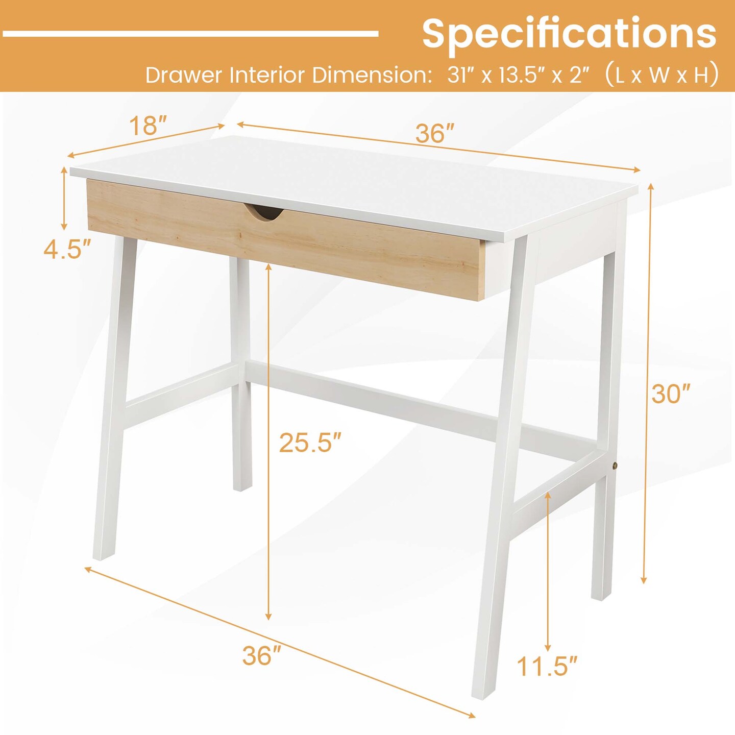 Costway Computer Desk Wooden Workstation Vanity Table w/ 1 Drawer & Rubber Wood Legs