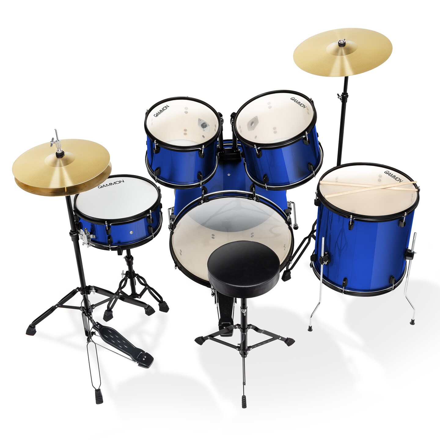 Gammon Percussion Full Size Complete Adult 5-Piece Drum Set with Cymbals, Stands, Stool, and Sticks