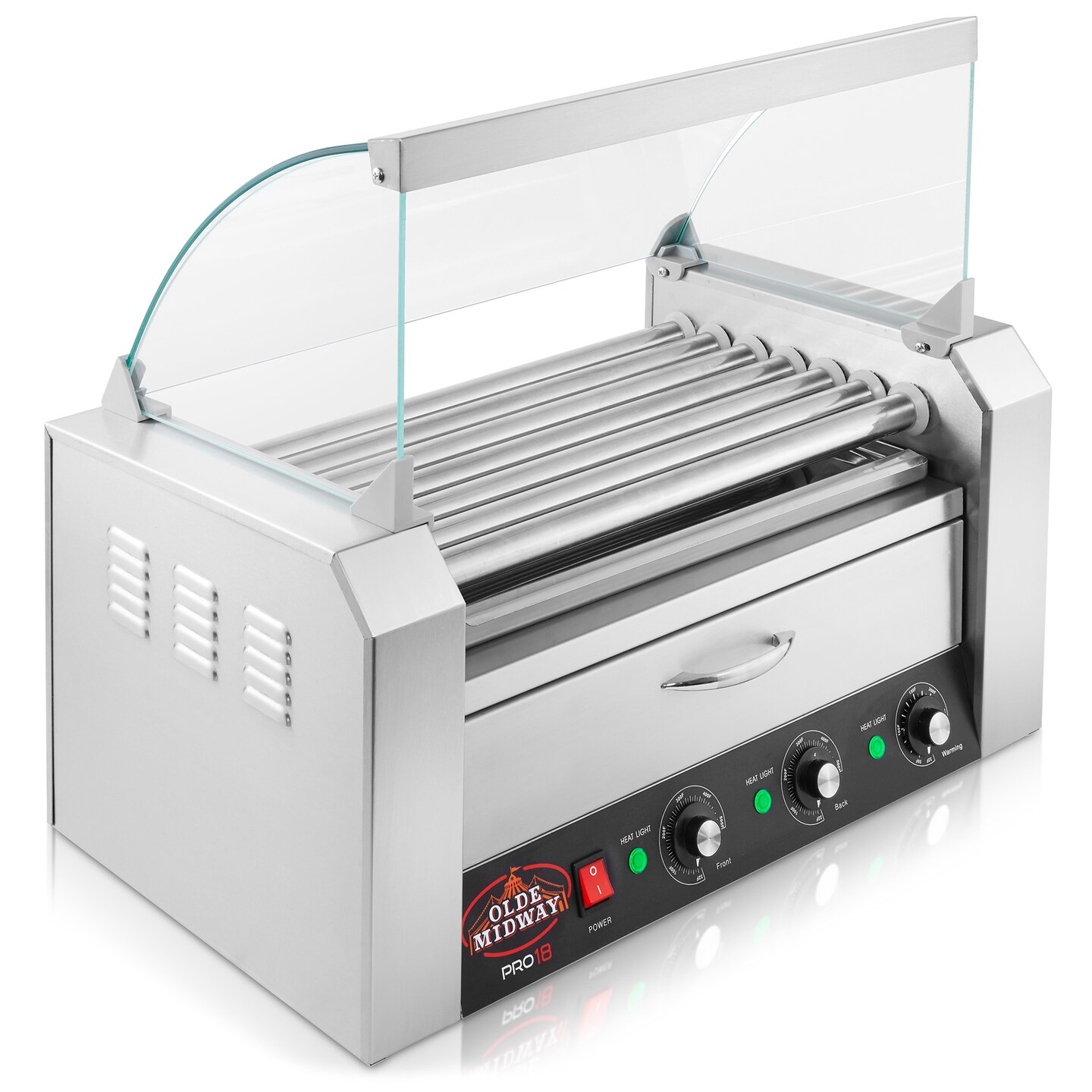 Olde Midway Electric Hot Dog Roller Grill Cooker Machines with Bun Warming Drawer - Commercial Grade