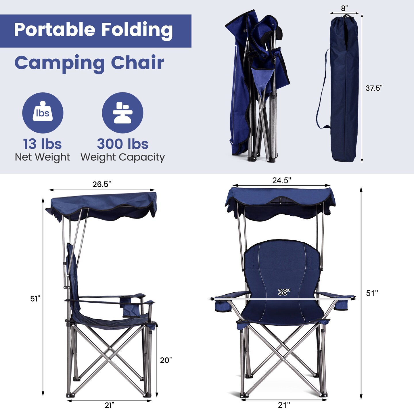 Outdoor Chair with Built In Canopy Sun Shade 600D Fabric Folding Camping Chair with Armrests and Cup Holders