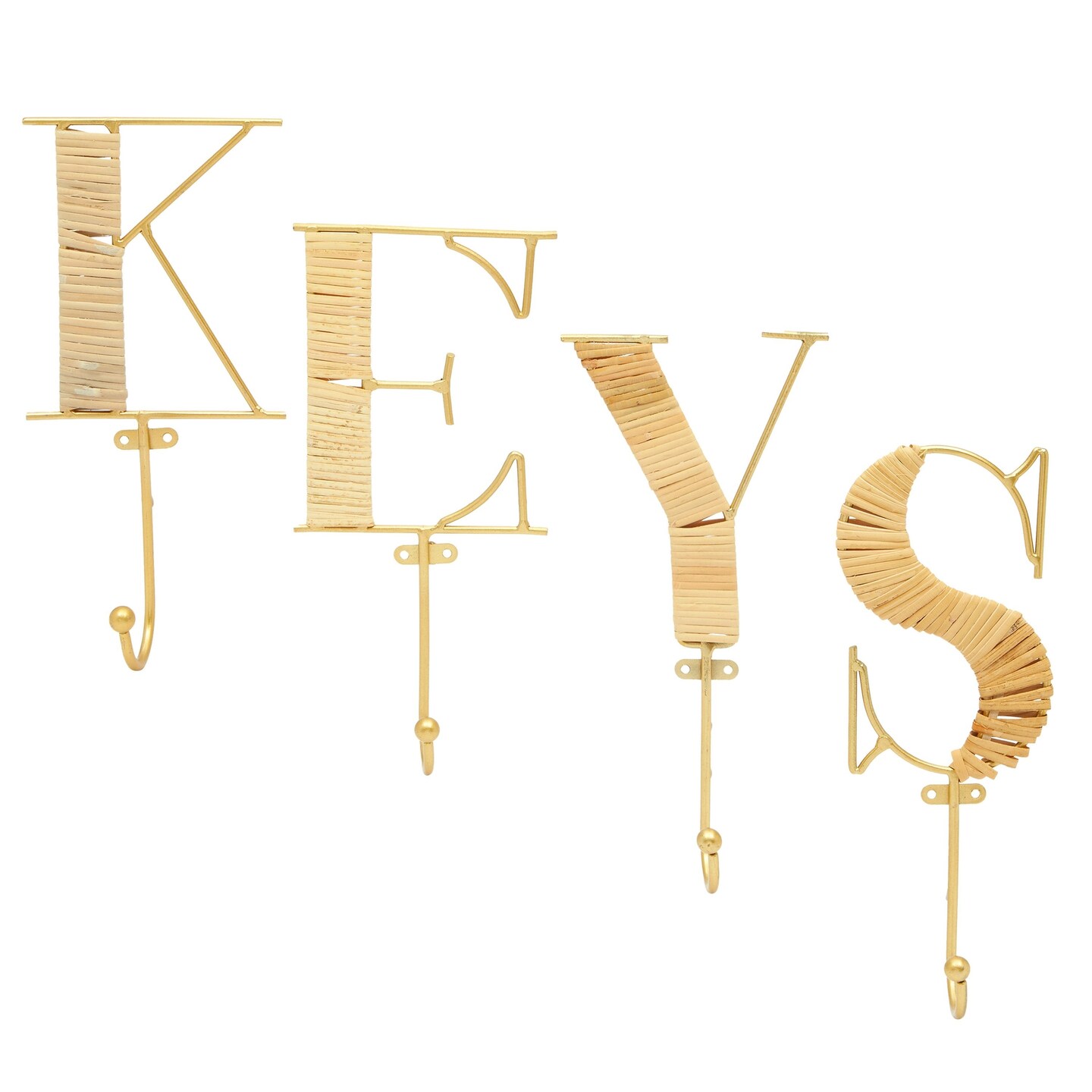 4 Piece Wall Mount Key Holder with 4 Hooks, Rustic Rattan Key Letters for Home Decor (4 x 10 In)