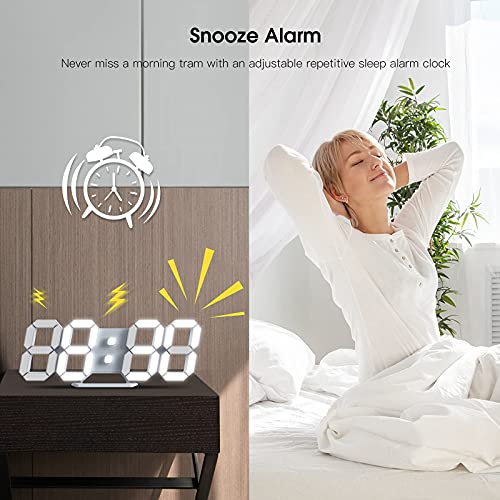3D Wall Clock Desk Auto Dimming 12/24 Hour Date Temperature Home Decor Remote Control Silent Snooze USB Nightlight Bedroom Living Room Kitchen Office 9.7inch Cool White