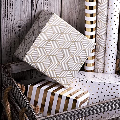 Wrapping Paper Roll for Birthday - Mini Roll - 17 inch X 120 inch Per roll - White & Gold Foil Design (42.3 sq.ft.ttl)
