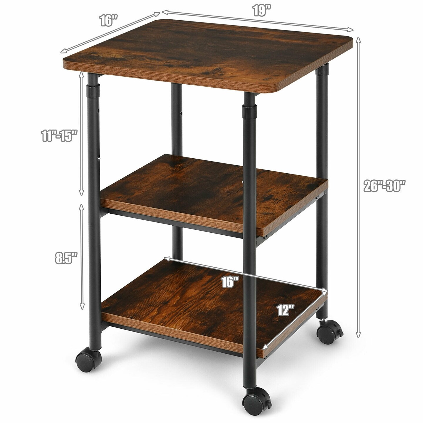 3-tier Adjustable Printer Stand with 360&#xB0; Swivel Casters